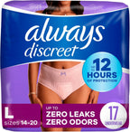 Always Discreet Adult Diapers for Women, Incontinence Underwear, Postpartum Essentials, Disposable Briefs, Max Absorbency, Bladder Leak Protection, Large, 17ct