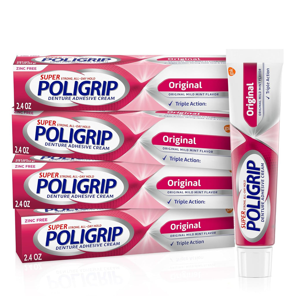 Super Poligrip Original Denture Adhesive Cream, Zinc Free Denture Cream for Dentures - 2.4 Ounces (Pack of 4)