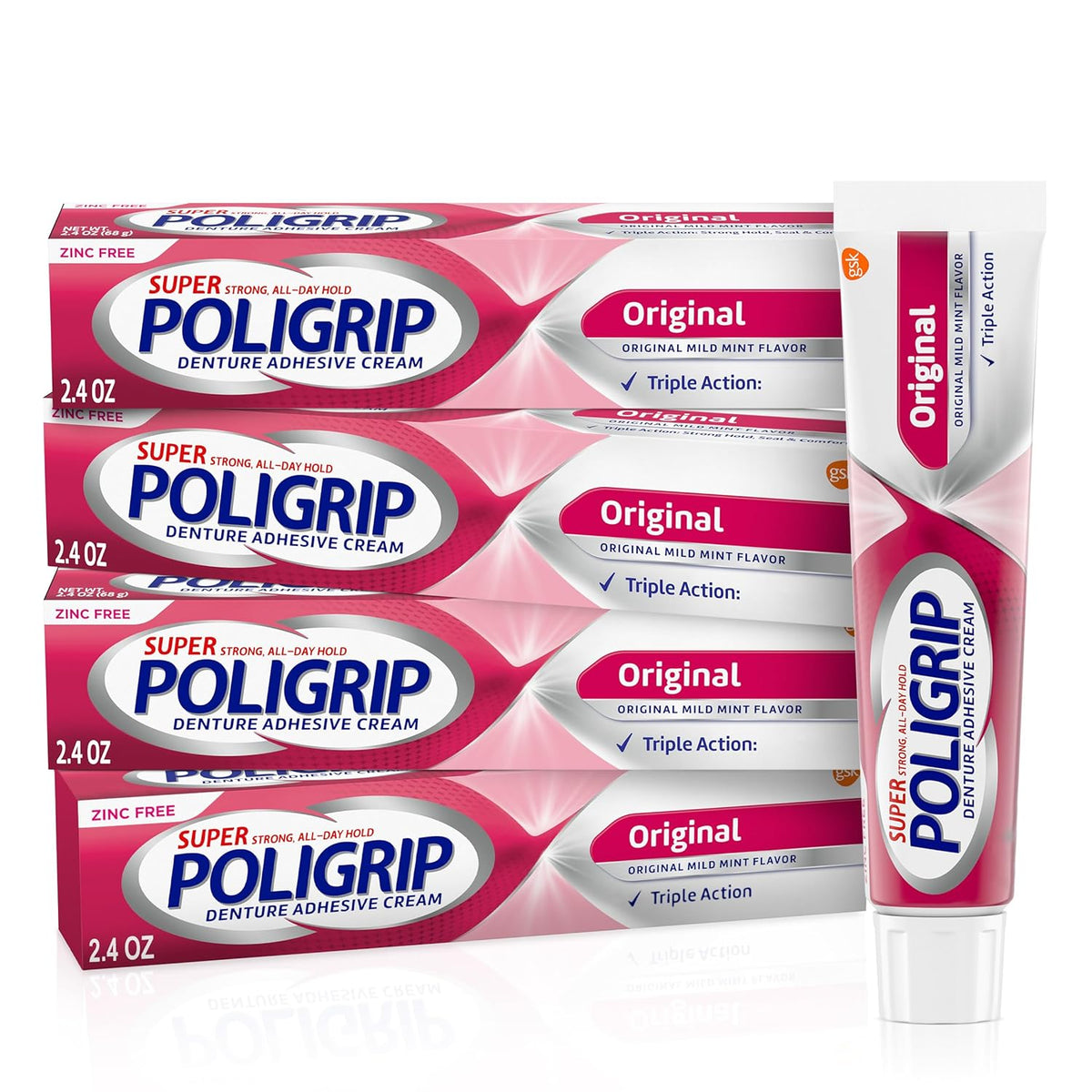 Super Poligrip Original Denture Adhesive Cream, Zinc Free Denture Cream for Dentures - 2.4 Ounces (Pack of 4)