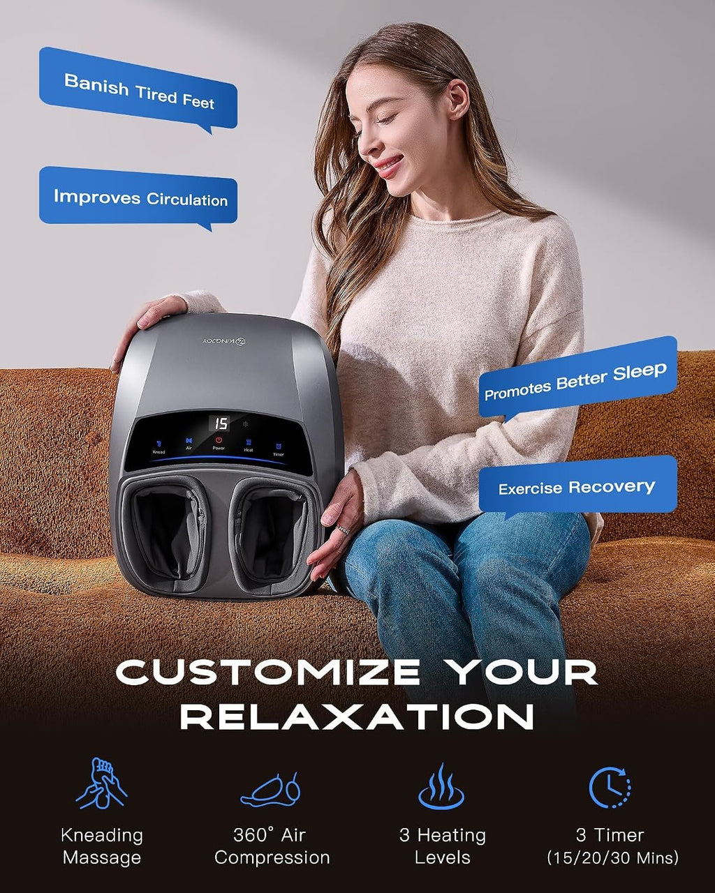 KINGJOY Foot Massager with Heat for Neuropathy, [2026 Upgraded], Deep Kneading Shiatsu Foot Massager for Plantar Fasciitis, Fits Up to Men Size 14, Ideal for Seniors and Family Daily Care
