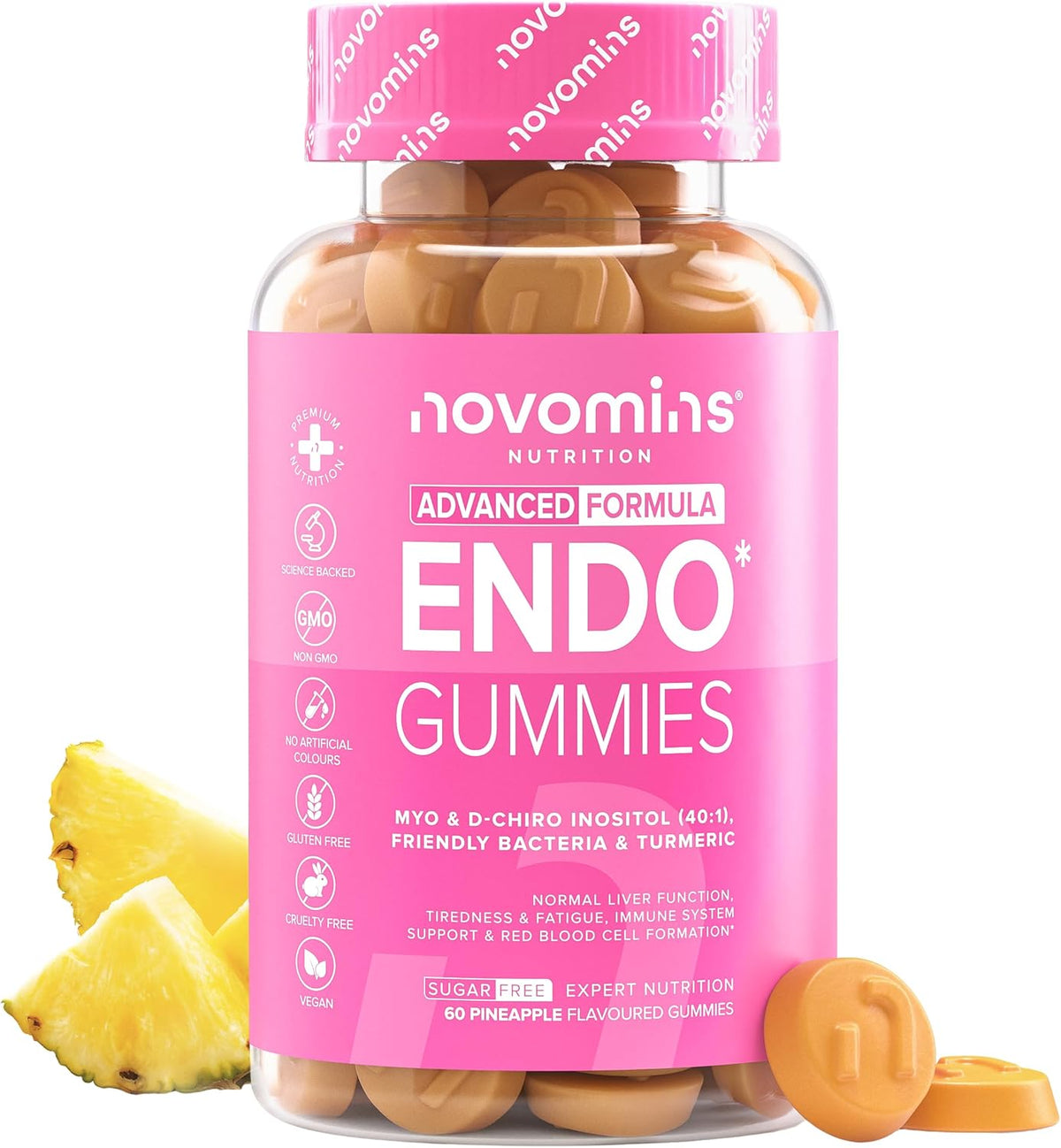 Endo Gummies - Inositol Myo and D Chiro, Chauzgatillo, Vitamin B6, Turmeric and Probiotics Woman Flora Intima - Vegan and Gluten Free - Myo Inositol for Hormonal Balance - 60 Gummies - Novomins