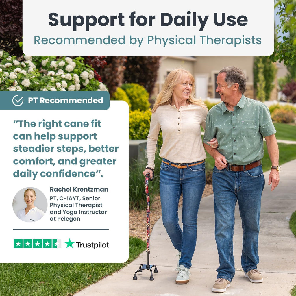 PELEGON Quad Cane (300 lb) - Adjustable Walking Cane with A Large 4 Pronged Base for Extra Balance & Stability, Walking Canes for Seniors, Walking Cane for Men & Women, Walking Sticks