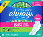 Always Ultra Thin Pads with Wings, Size 2, Long Super, 58 Count