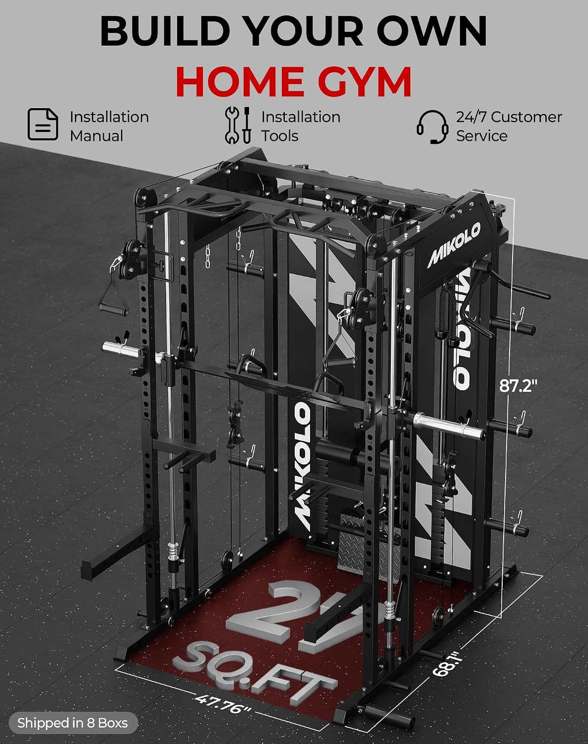 Mikolo Smith Machine with Weight Stack, Power Cage Home Gym System with LAT Pulldown & Cable Crossover, Multi-Functional Trainer with Dual Pulley System, Includes 10+ Free Attachments
