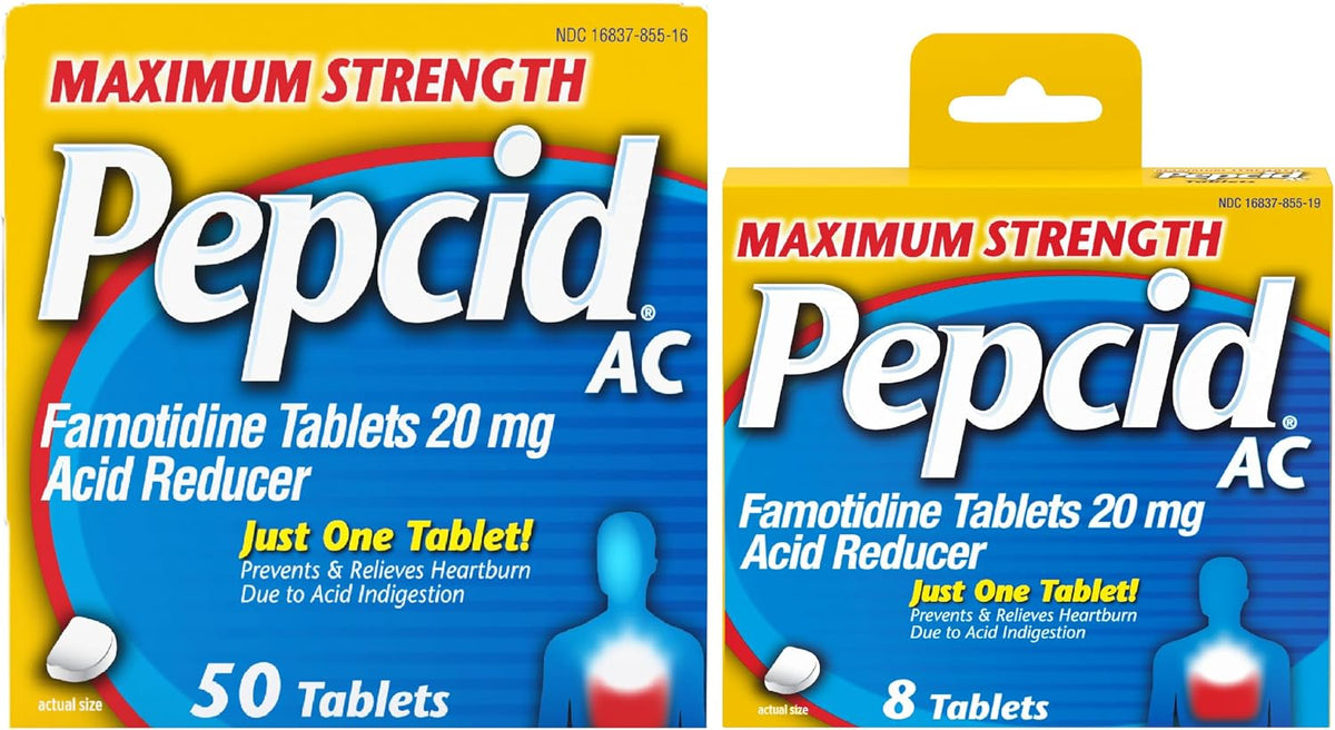 Pepcid AC Max Strength Tablets, 20mg Famotidine, 50 ct and 8 ct | Heartburn Relief, OTC Medicine, Prevents & Relieves Heartburn & Acid Reflux, Due to Acid Indigestion, Fast-Acting