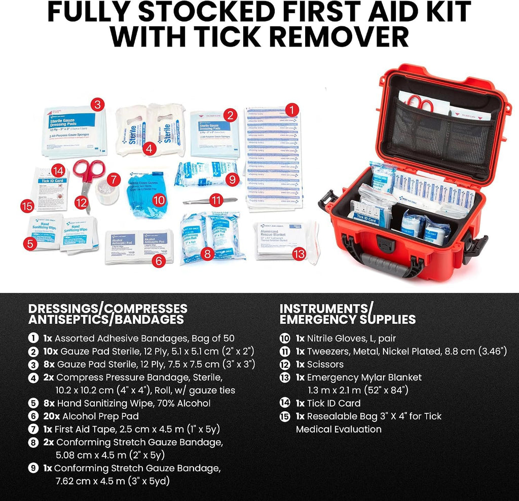 NANUK 904 Waterproof First Aid Kit 110pcs – Durable, Pre-Stocked First Aid Emergency Kit with Bandages, Tick Removal Tool, and More – Dustproof, Impact-Resistant, Floats (10.2" x 7.9" x 4.5") – Red