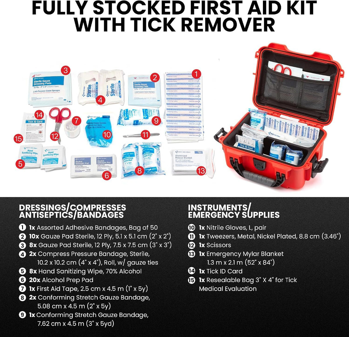 NANUK 904 Waterproof First Aid Kit 110pcs – Durable, Pre-Stocked First Aid Emergency Kit with Bandages, Tick Removal Tool, and More – Dustproof, Impact-Resistant, Floats (10.2" x 7.9" x 4.5") – Red