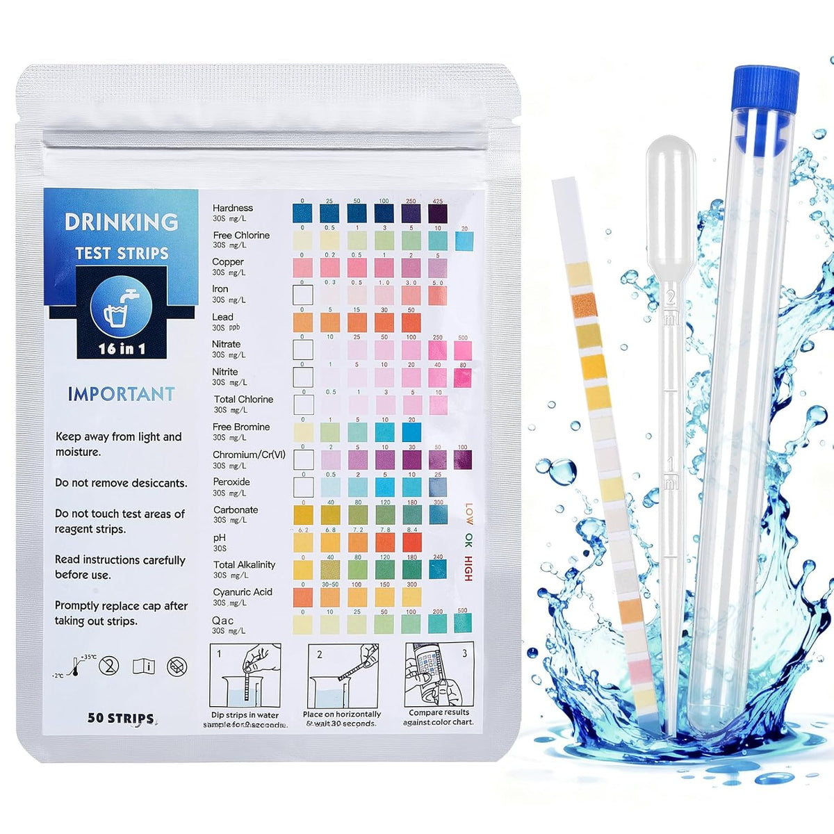 50 Pieces 16 in 1 Drinking Water Test Strips, 50 Tests for Water Quality Drinking Water Tester and 1 Test Tubes Quick Analysis PH Heavy Metals Nitrate Chlorine for Aquarium Tap