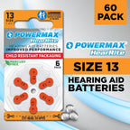 Powermax Size 13 Hearing Aid Batteries, 60 Count Long-Lasting Battery Pack, Orange Long Tab for Easy Change