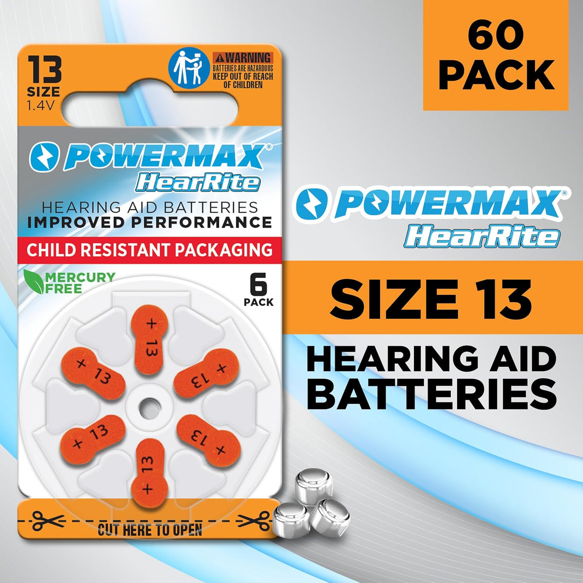 Powermax Size 13 Hearing Aid Batteries, 60 Count Long-Lasting Battery Pack, Orange Long Tab for Easy Change