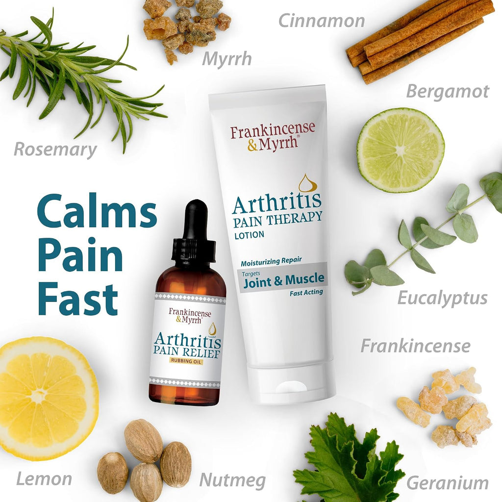 FRANKINCENSE & MYRRH Arthritis Combo: Rubbing Oil 2oz + Lotion 3oz, Premium | Combo: 2 oz oil + 3 oz lotion. Ease arthritis, joint, back & muscle pain. Menthol + 9 essential oils. Best Premium Solution.