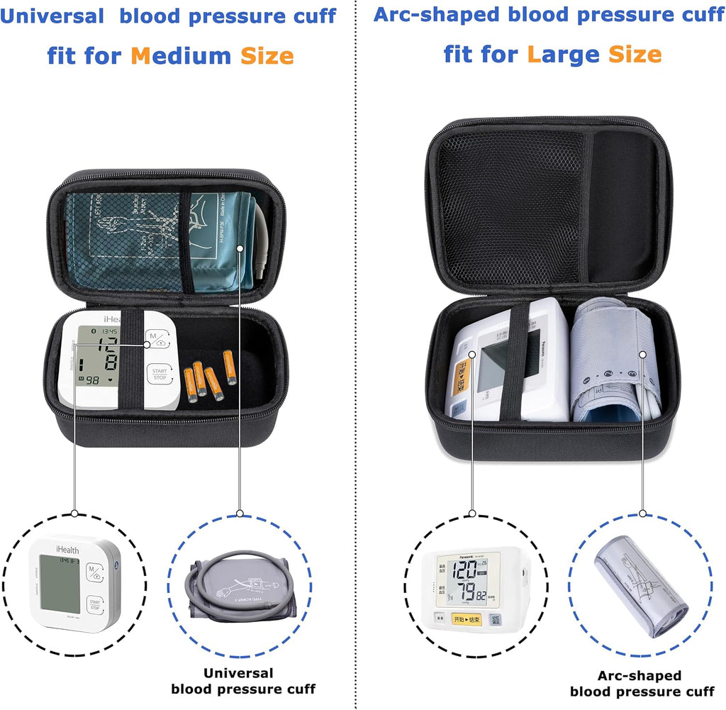 Ginsco Compact Hard Shell Case for Blood Pressure Monitor, Compatible with Omron Bronze/iHealth/Oklar, Portable Carrying Travel Case with Handle, Mesh Pocket for Cuff/Batteries/Charger (Black, M)
