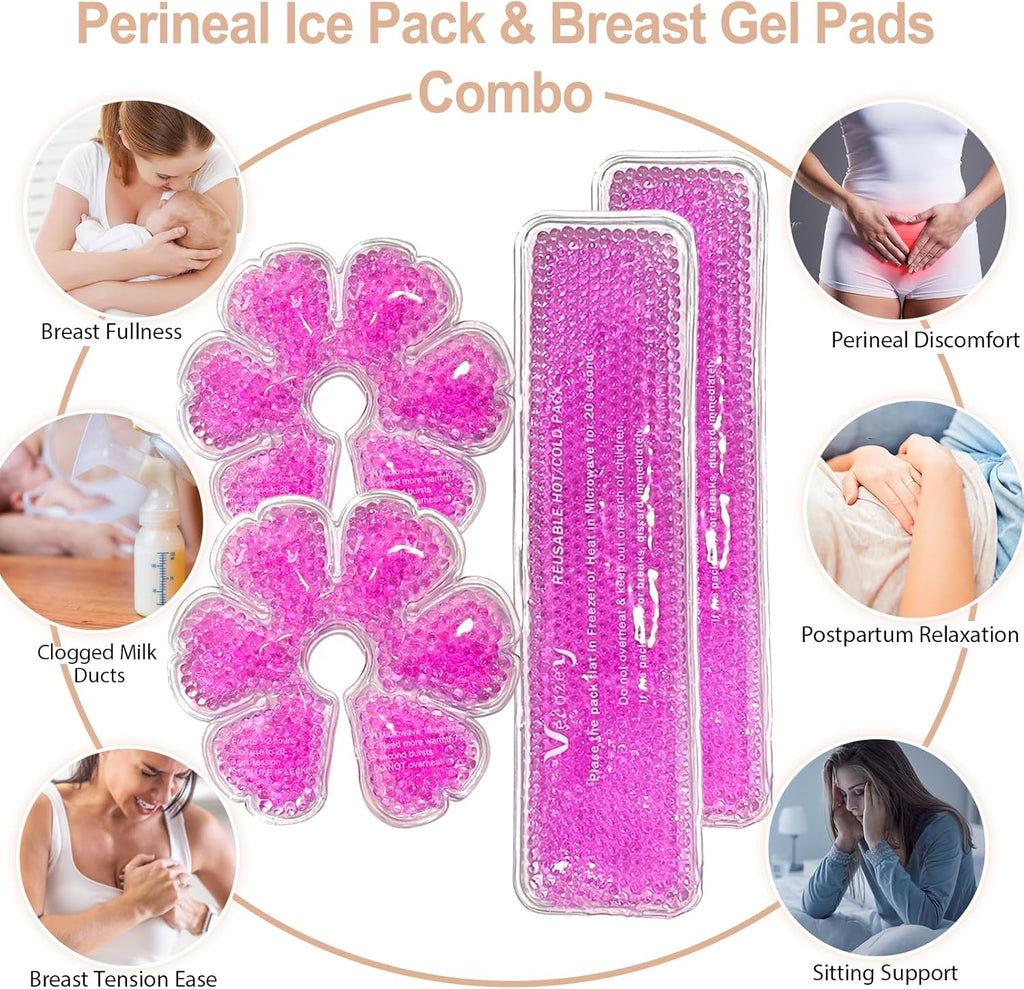 Vecozey Postpartum Ice Pads Set, 2 Perineal Cold Pack & 2 Breast Therapy Ice Packs with Soft Washable Covers, Hot & Cold Postpartum New Mom Essentials Kit for Engorgement, Mastitis, Hemorrhoids & After Birth Recovery