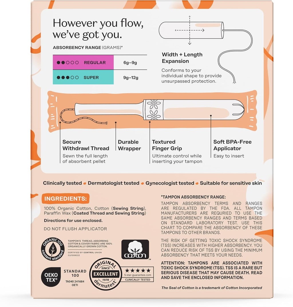 The Honey Pot Company - 100% Organic Cotton Tampons - Regular & Super | Multipack - Tampons w/BPA Free Plastic Applicator - Unscented - Without Fragrances or Chlorine - Feminine Care - 54ct