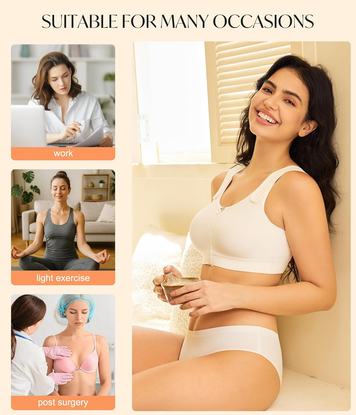 CYDREAM Zip Front Closure Wireless Bras for Women Full Coverage Post Surgery Compression Back Smoothing Comfort Adjustable