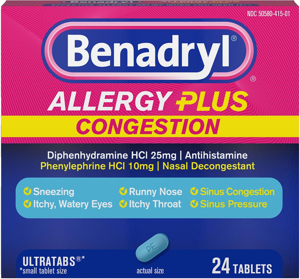 Benadryl Allergy Plus Congestion Ultratabs, 24 ct | Diphenhydramine HCl Antihistamine and Phenylephrine HCl Nasal Decongestant, Allergy & Sinus Congestion Relief Tablets