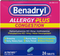 Benadryl Allergy Plus Congestion Ultratabs, 24 ct | Diphenhydramine HCl Antihistamine and Phenylephrine HCl Nasal Decongestant, Allergy & Sinus Congestion Relief Tablets