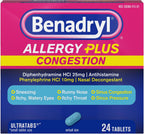 Benadryl Allergy Plus Congestion Ultratabs, 24 ct | Diphenhydramine HCl Antihistamine and Phenylephrine HCl Nasal Decongestant, Allergy & Sinus Congestion Relief Tablets