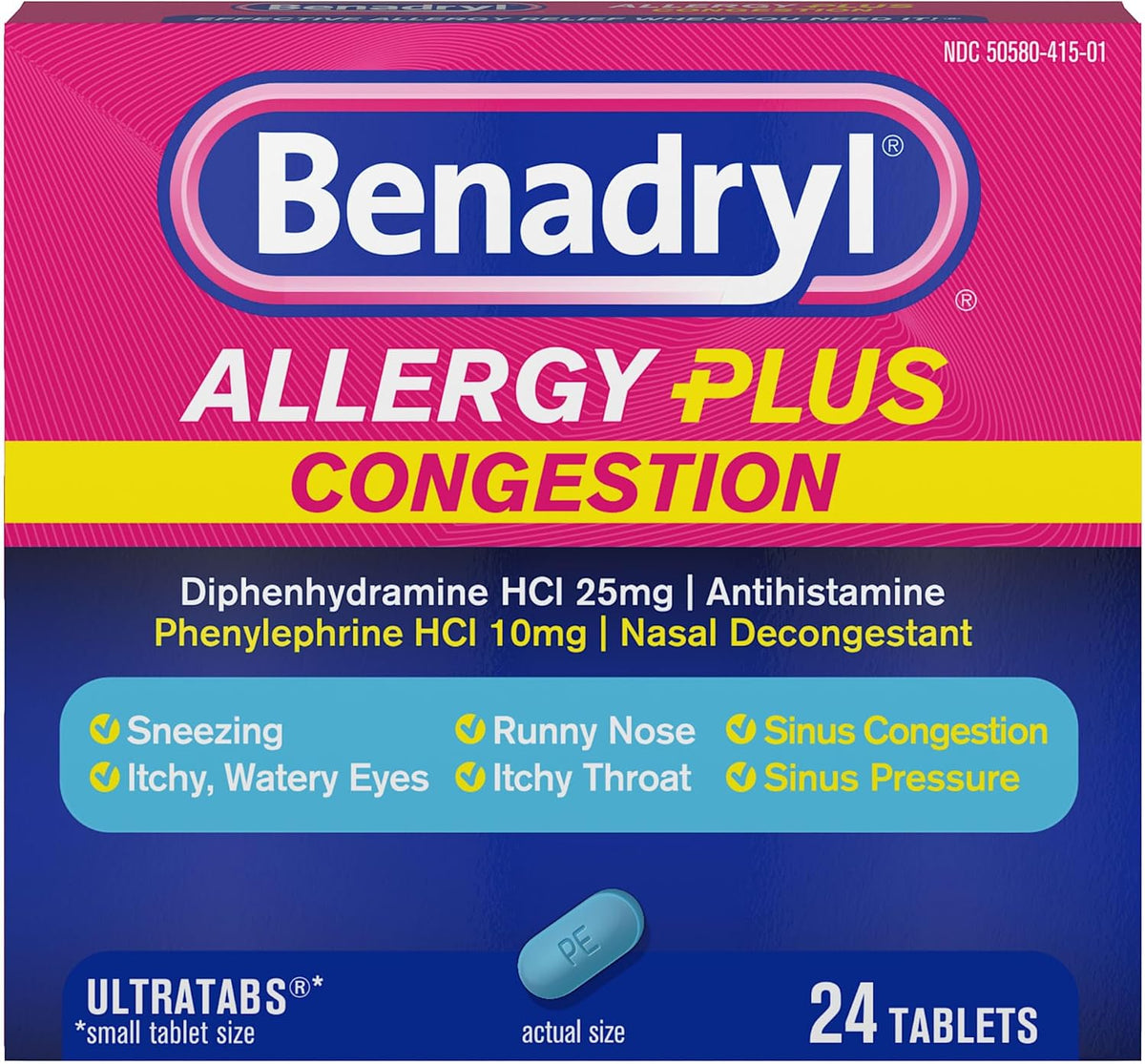 Benadryl Allergy Plus Congestion Ultratabs, 24 ct | Diphenhydramine HCl Antihistamine and Phenylephrine HCl Nasal Decongestant, Allergy & Sinus Congestion Relief Tablets