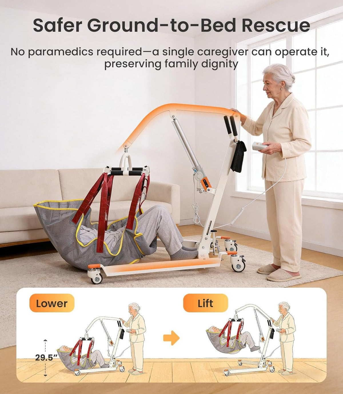VOCIC Electric Patient Lift for Home, Floor-to-Bed Transfer Aid Lift Chair for Elderly, Foldable Patient Lift with Wireless Lithium Handset, Manual Emergency, 330lbs Capacity, Includes Sling, AY05
