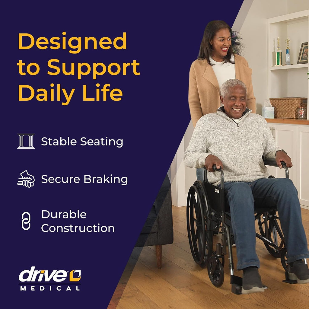 Drive Medical Silver Sport 1 Folding Transport Wheelchair, Black | Lightweight Folding Wheelchair Features Full Armrests and Removable Swing-Away Footrests for Easy Mobility