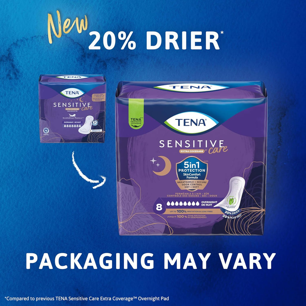 TENA Sensitive Care Incontinence Pads, Bladder Control & Postpartum for Women, Overnight Absorbency, Extra Coverage - 90 Count