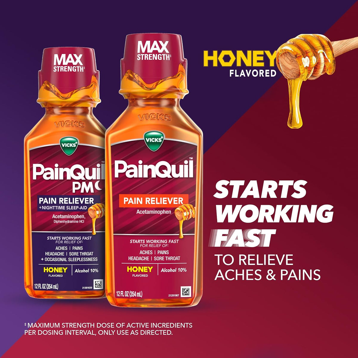 Vicks PainQuil Pain Relief Acetaminophen 1000mg Max Strength Honey Flavored Adult Pain Reliever Liquid 2x12oz, Backache Headache Relief, 1 Daytime Pain Reliever x 1 Nighttime Pain Relief + Sleep Aid