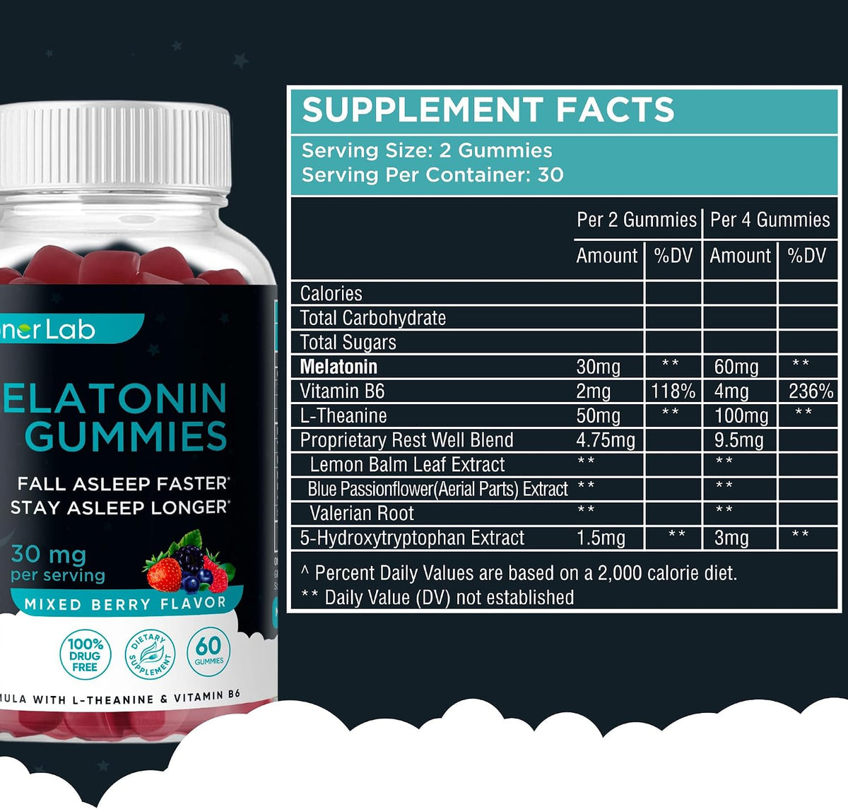 BionerLab Melatonin Gummies (30mg) Enhanced with L-theanine & Vitamin B6 for Adult Women Men - Extra Strength Chewables Calm Gummy - Gluten Free