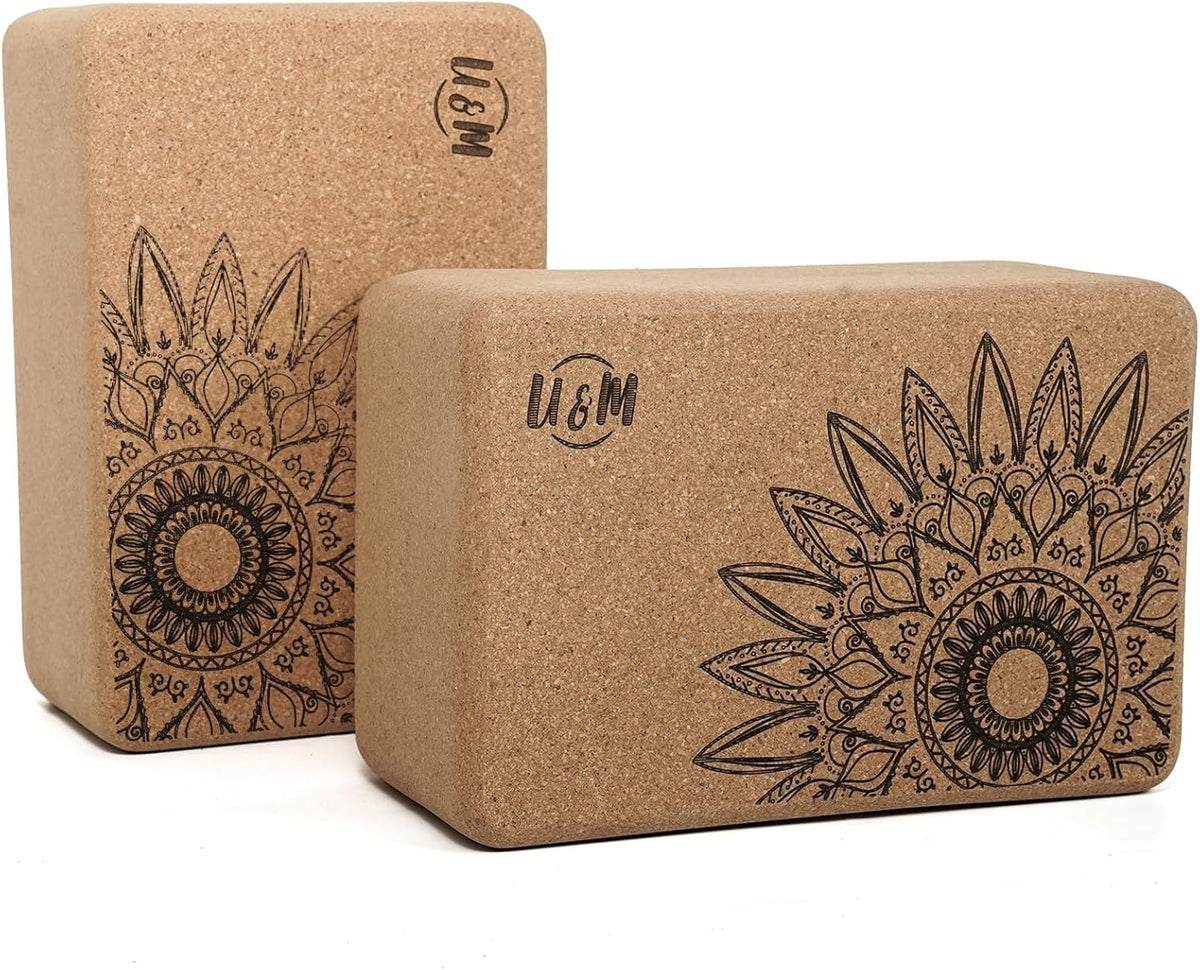 U&M Cork Yoga Blocks 2 Pack Set,Natural Cork High Density 9"x6"x4" Yoga Blocks Odor-Resistant Non-Slip for Yoga, General Fitness, Pilates, Stretching and Toning