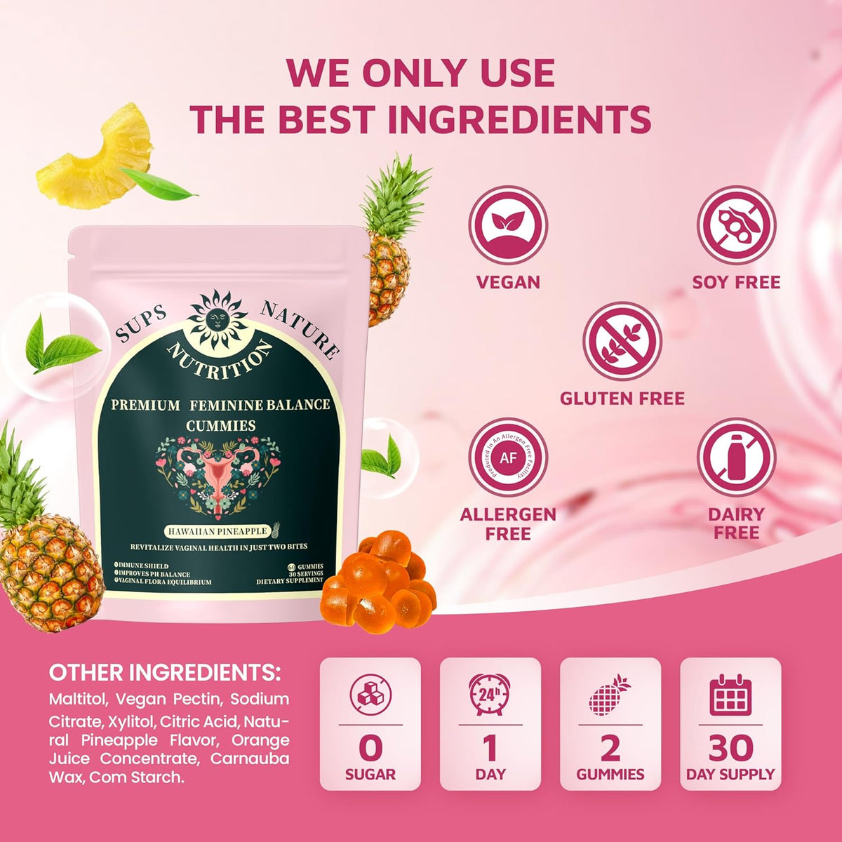 Women's Probiotic Gummies Premium Feminine Balance Gummies for Women – pH Balance Health Support with Probiotics Hawaiian Pineapple Flavor-Vegan & Sugar-Free, 60 Gummies 30 Servings