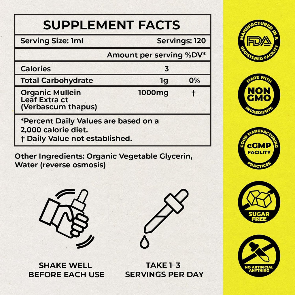 Mullein Drops for Lungs – USDA Organic Mullein Leaf Extract for Lungs & Bronchial Cleanse - Mucus Relief & Lung Detox - for Smokers & Allergy Sufferers - Made in USA - 4oz Tincture