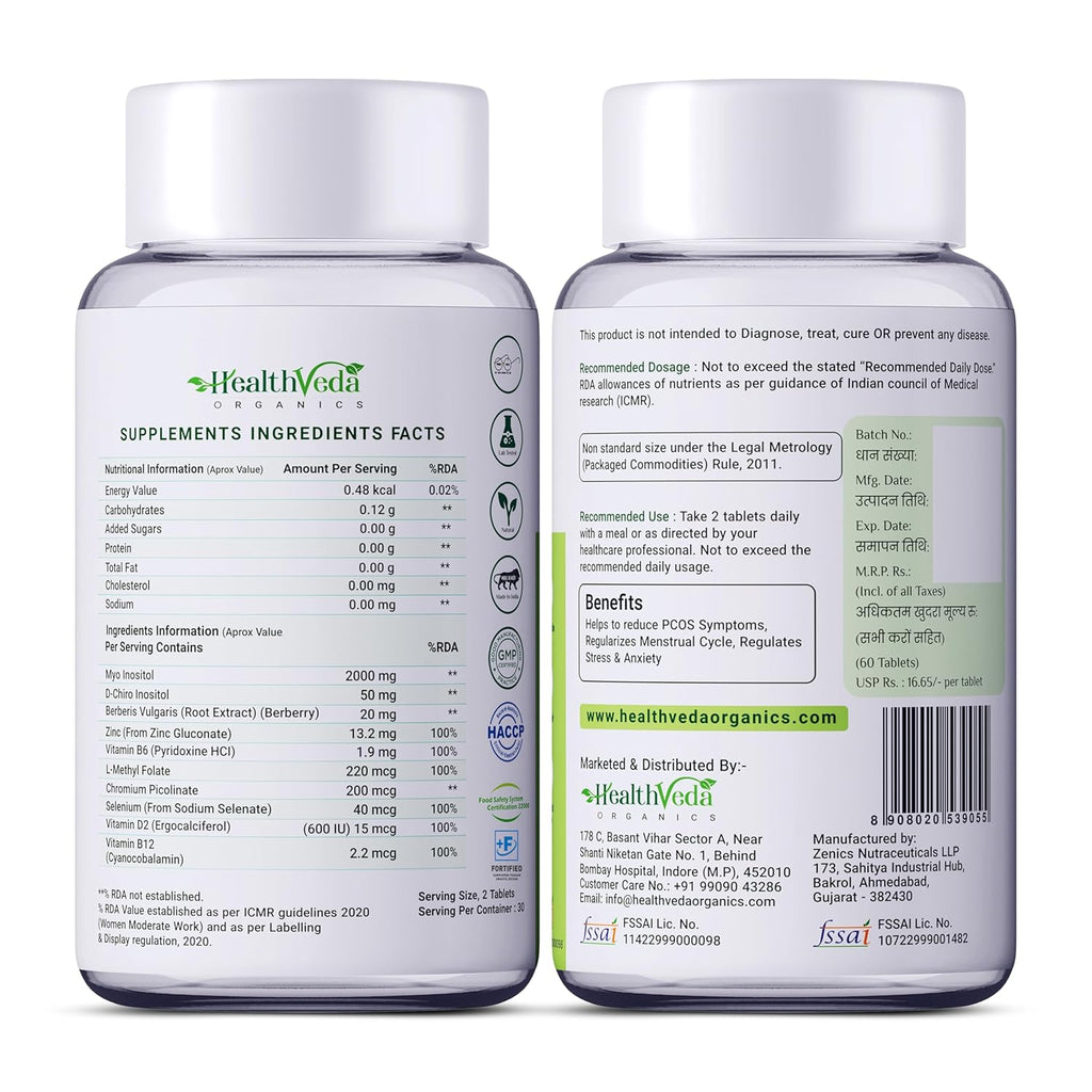 Health Veda Organics PCOS Support Supplement for Women | Myo-Inositol + D-Chiro Inositol 40:1 | 60 Plant-Based Veg Tablets | Support Regular Menstruation