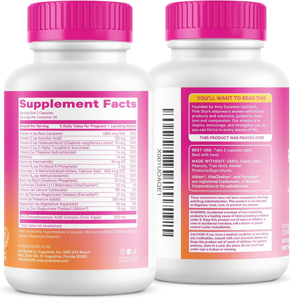 Pink Stork Total Prenatal + DHA, Vegan, No Fishy Burps, 60 Count, Berry | Methylfolate, Vegan DHA, Non-Constipating Iron, Choline, Vitamin B12 | Clean Label Purity Award, Made in USA