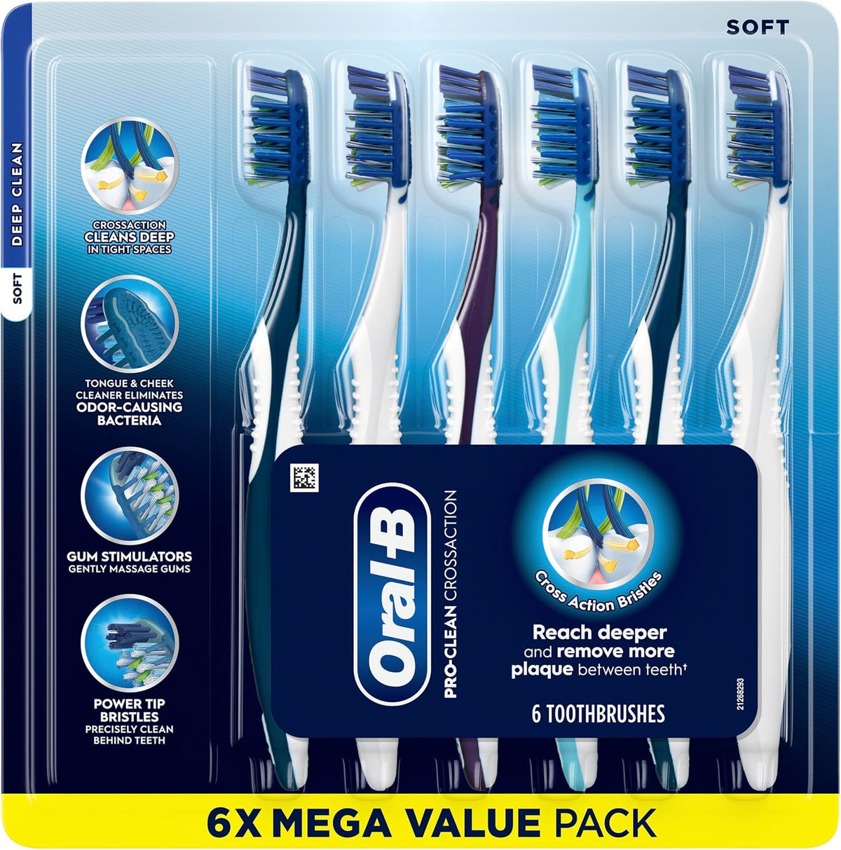 Oral-B Pro Clean CrossAction Manual Toothbrush, 6- Pack, Medium Soft Bristle Brushes for Adults, Deep Plaque Removal, Daily Gum Health and Fresh Breath, Travel Toiletries