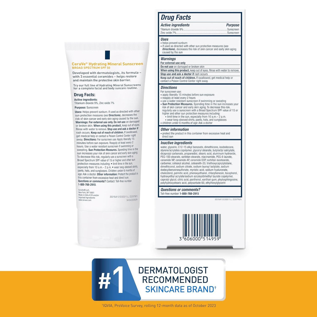 CeraVe Hydrating Mineral Sunscreen SPF 50 Face Sunscreen, Travel Size 2.5oz
