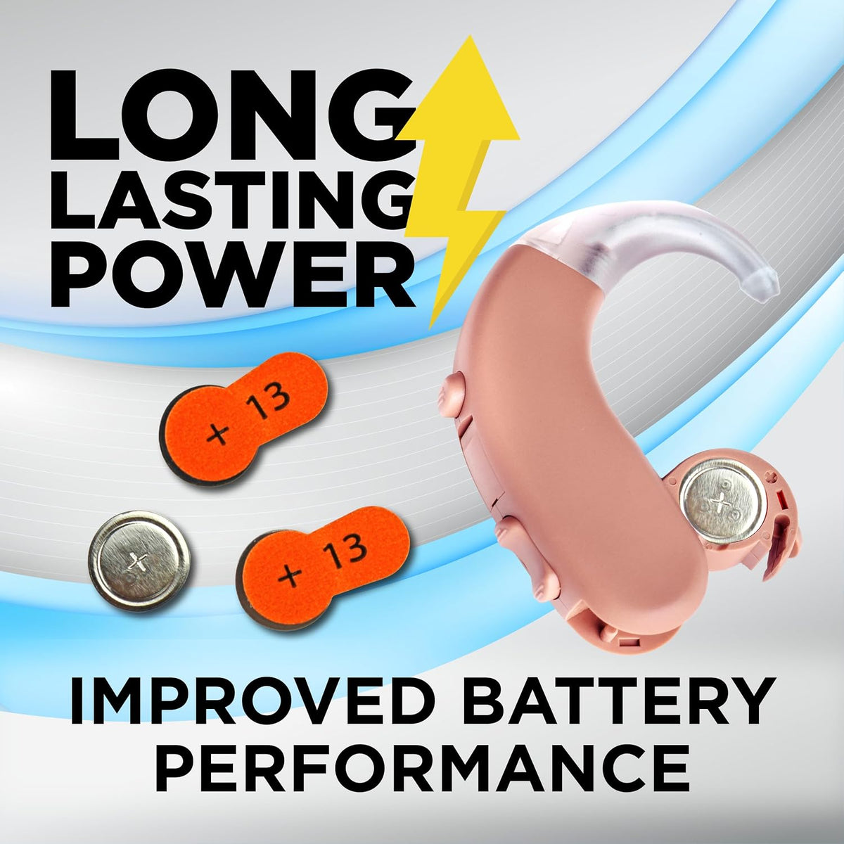 Powermax Size 13 Hearing Aid Batteries, 60 Count Long-Lasting Battery Pack, Orange Long Tab for Easy Change