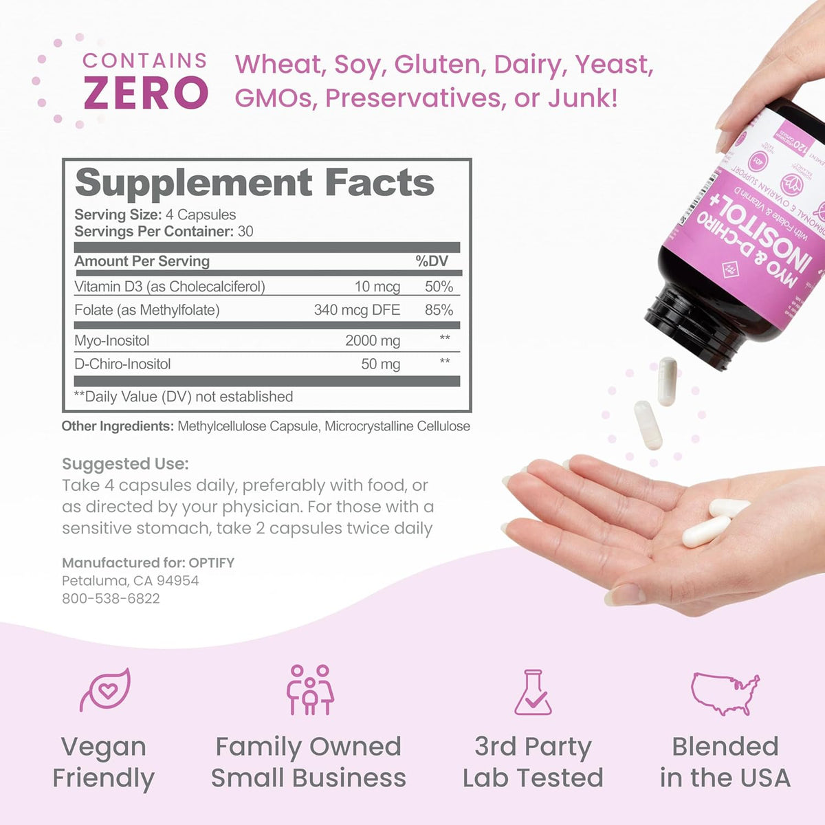 Premium Inositol Supplement - Myo-Inositol and D-Chiro Inositol Plus Folate and Vitamin D - Ideal 40:1 Ratio - Hormone Balance & Healthy Ovarian Support for Women - Vitamin B8-30 Day Supply