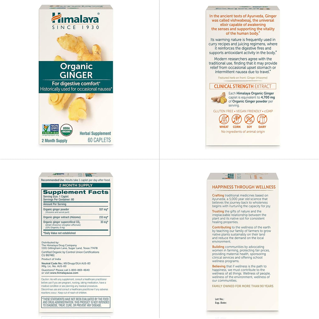 Himalaya USDA Organic Ginger Root Capsules, 60 Caplets, 60 Day Supply | Digestive Health Ginger Supplement for Nausea, Upset Stomach Relief, Occasional Bloating & Heartburn - Vegan, Non-GMO