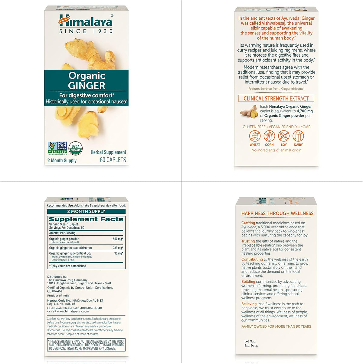 Himalaya USDA Organic Ginger Root Capsules, 60 Caplets, 60 Day Supply | Digestive Health Ginger Supplement for Nausea, Upset Stomach Relief, Occasional Bloating & Heartburn - Vegan, Non-GMO