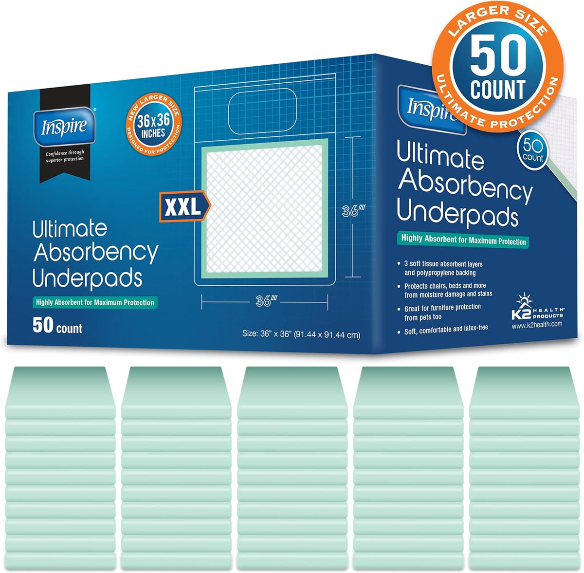 Inspire Extra Large Super Absorbent Disposable Bed Pads for Chronic Incontinence Ultra Thick and Absorbent Bed Pads Disposable Adult | Pee Pads for Adults (36" X 36" Pack of 50)