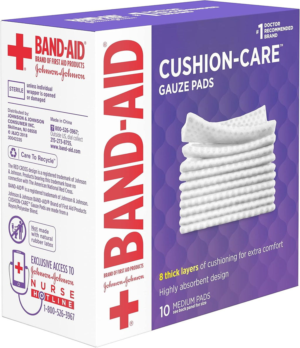BAND-AID Brand Cushion-Care Gauze Pads, Medium Size, 3 in x 3 in, 10 Count