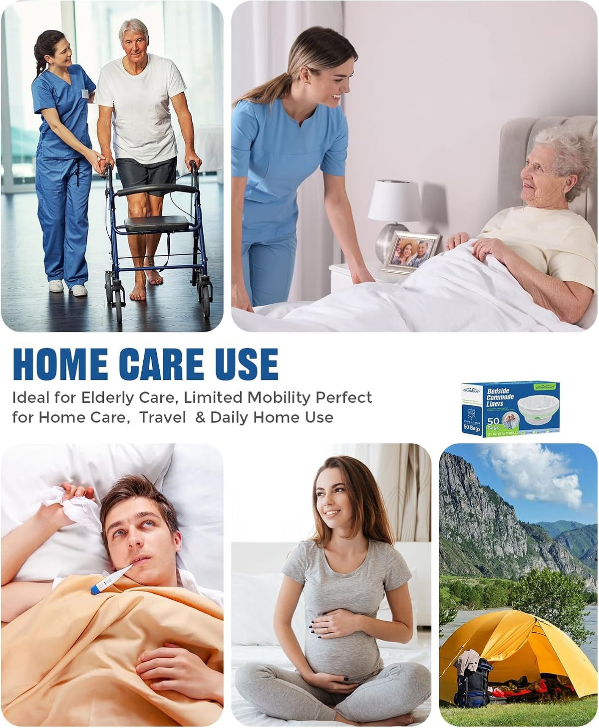 Charmount Bedside Commode Liners, Disposable Commode Bags with Drawstring, Leakproof Universal Fit Portable Toilet Chair Bucket & Bedpan Liners for Home & Camping Use-50 Pack
