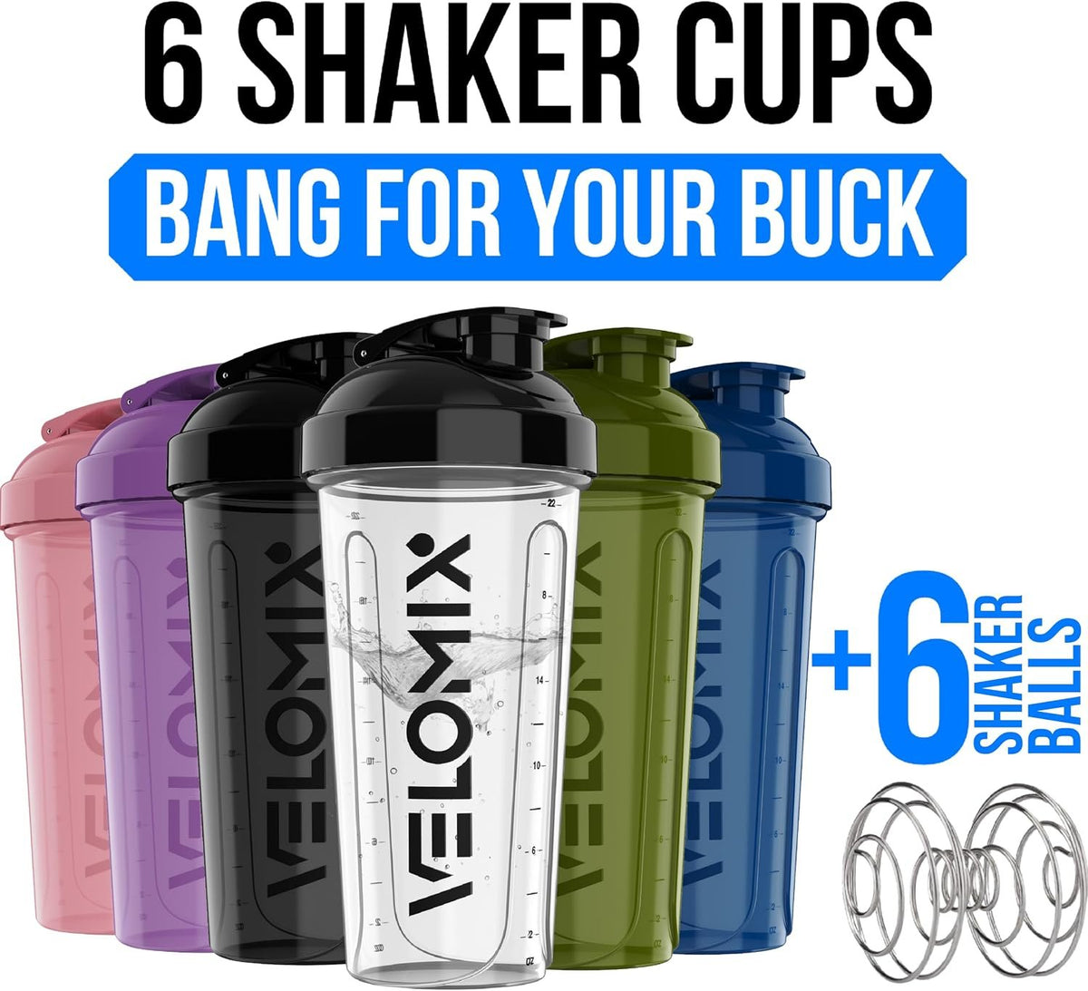 VELOMIX 6 Pack 28oz Shaker Cups for Protein Shakes, Blacks to Transparent | 6x Wire Whisk, Leak Proof Protein Shaker Bottle for Protein Mixes, Stackable, Multipack Value Set for Home, Gym and Car