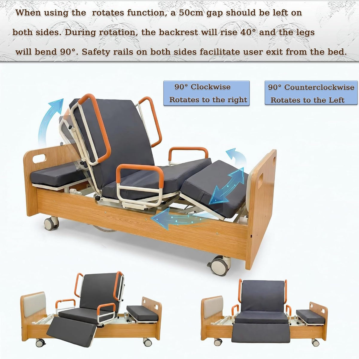 Electric Rotating Hospital Medical Beds for Senior Disabled Home Care Use | 750lbs, 90° Rotated Nursing Beds for Home Care with Adjustable Lateral Tilt & Backrest Leg Height