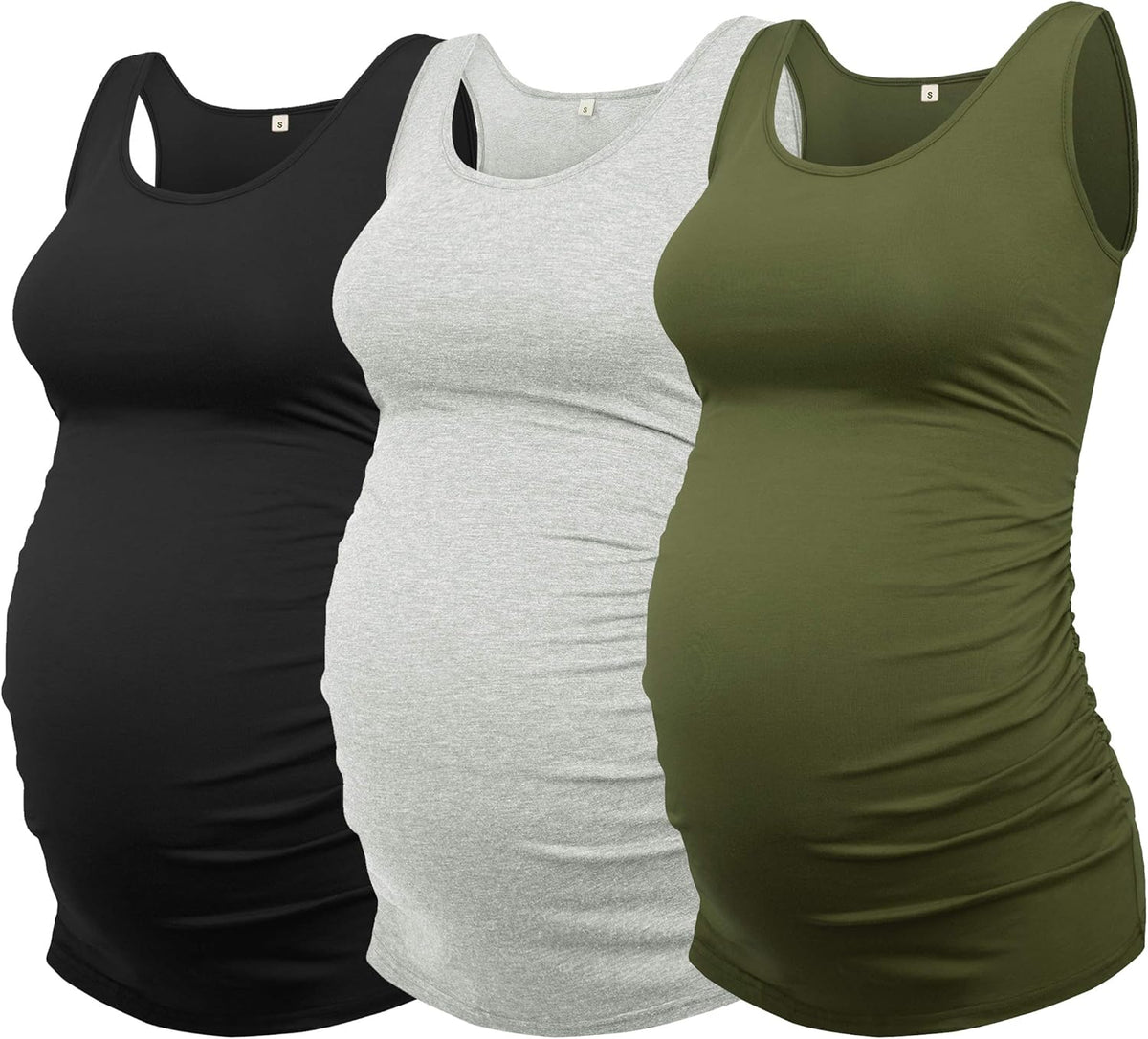 AMPOSH Women's Maternity Tank Top 3 Pack Ruched Side Sleeveless Pregnancy Basic Shirt