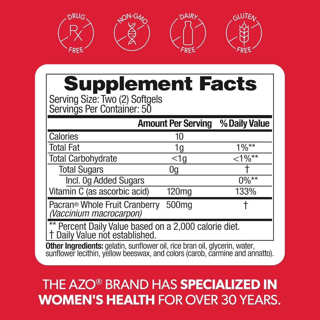 AZO Cranberry Supplement, Made with Concentrated Whole Fruit Cranberry Powder to Help Cleanse and Protect the Urinary Tract*, Sugar Free Cranberry Pills, Non-GMO, 100 Softgels