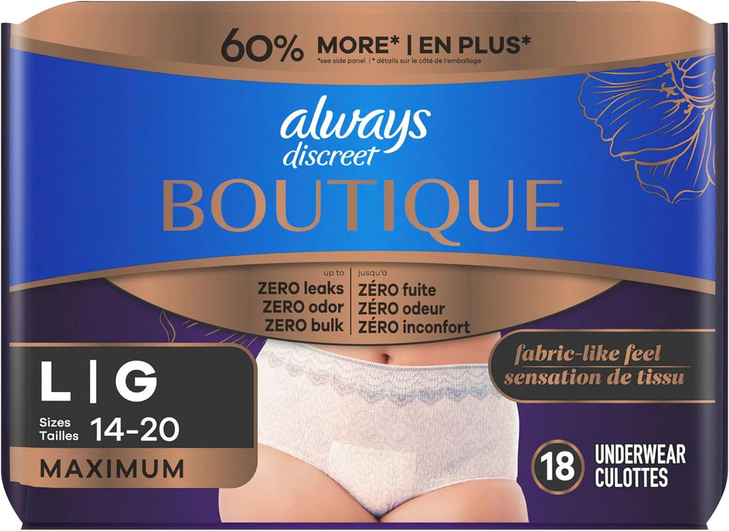 Always Discreet Boutique Incontinence & Postpartum Underwear for Women, Disposable, Maximum Protection, Large, 18 Count