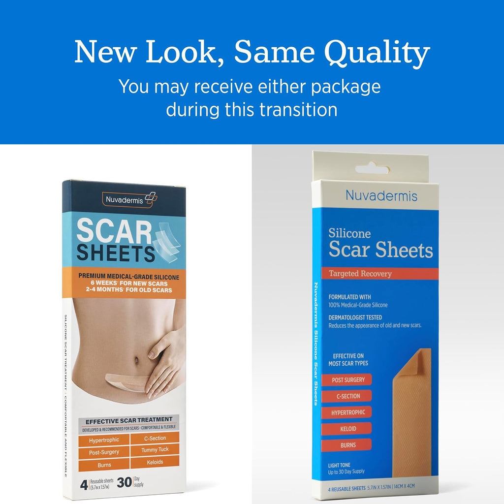 NUVADERMIS Silicone Scar Sheets - Extra Long Scar Sheets for C-Section, Tummy Tuck, Keloid, and Surgical Scars - Reusable Medical Grade Silicone Scar Sheets - Pack of 4 - Light Tone