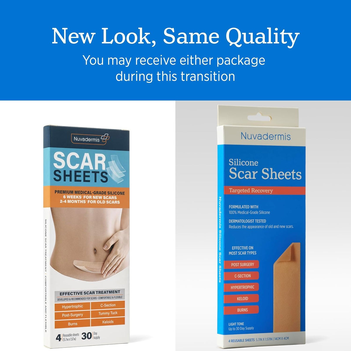 NUVADERMIS Silicone Scar Sheets - Extra Long Scar Sheets for C-Section, Tummy Tuck, Keloid, and Surgical Scars - Reusable Medical Grade Silicone Scar Sheets - Pack of 4 - Light Tone