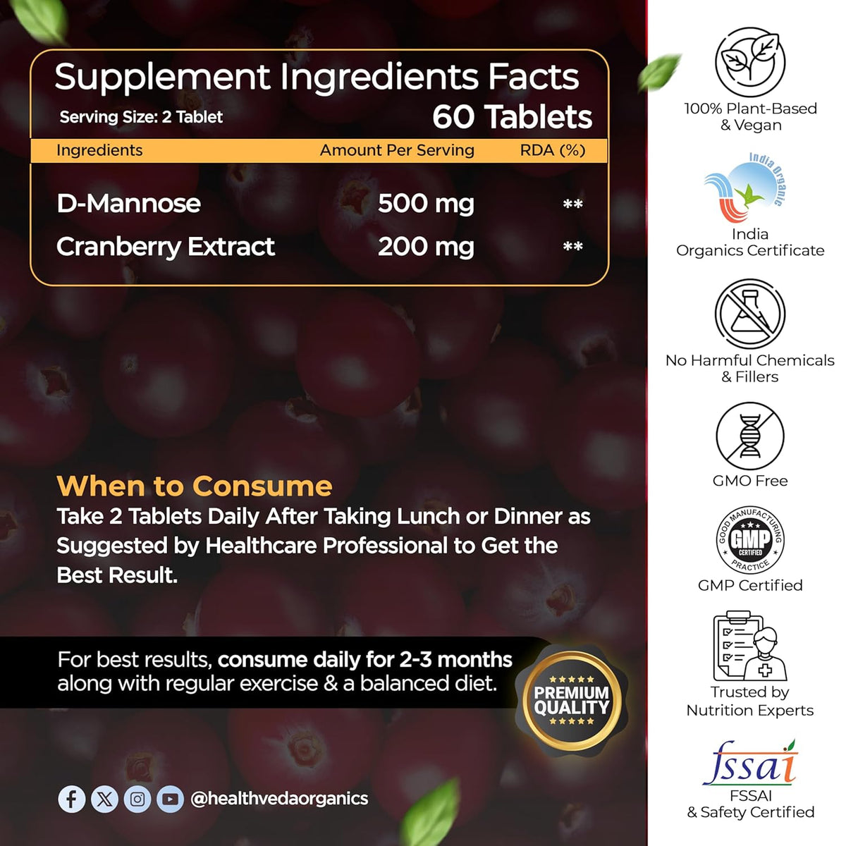 HEALTH VEDA ORGANICS PRIVATE LIMITED D-Mannose 500 mg + Cranberry Extract 200 mg | 60 Veg Tablets I Supports Kidney Health & Urinary Tract Infection